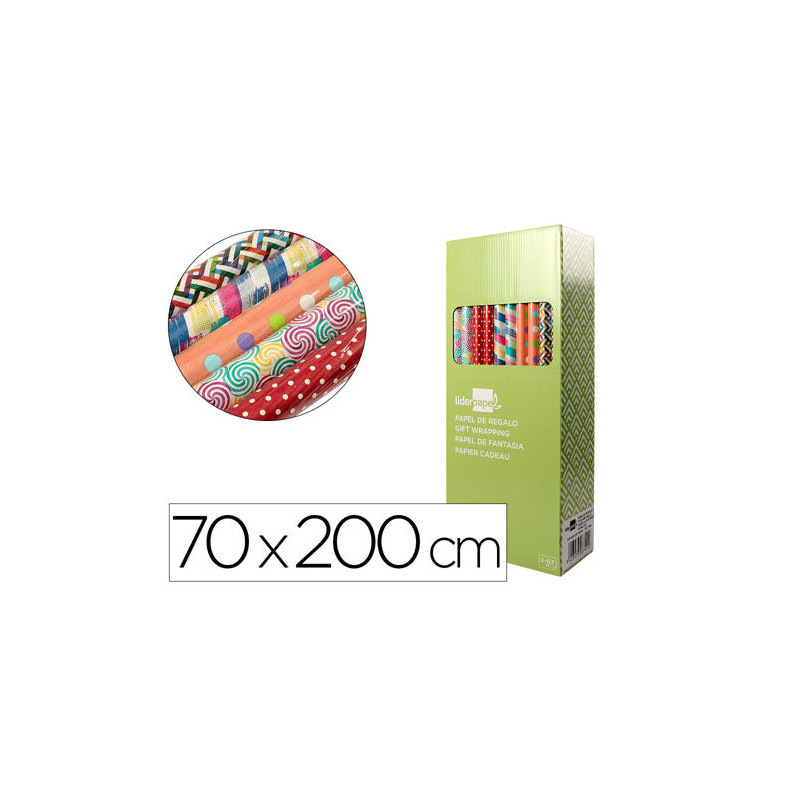 PAPEL DE REGALO LIDERPAPEL TODO AÑO ROLLO ANCHO 70 CM LONGITUD 2 MT GRAMAJE 60 GR DISEÑOS SURTIDOS
