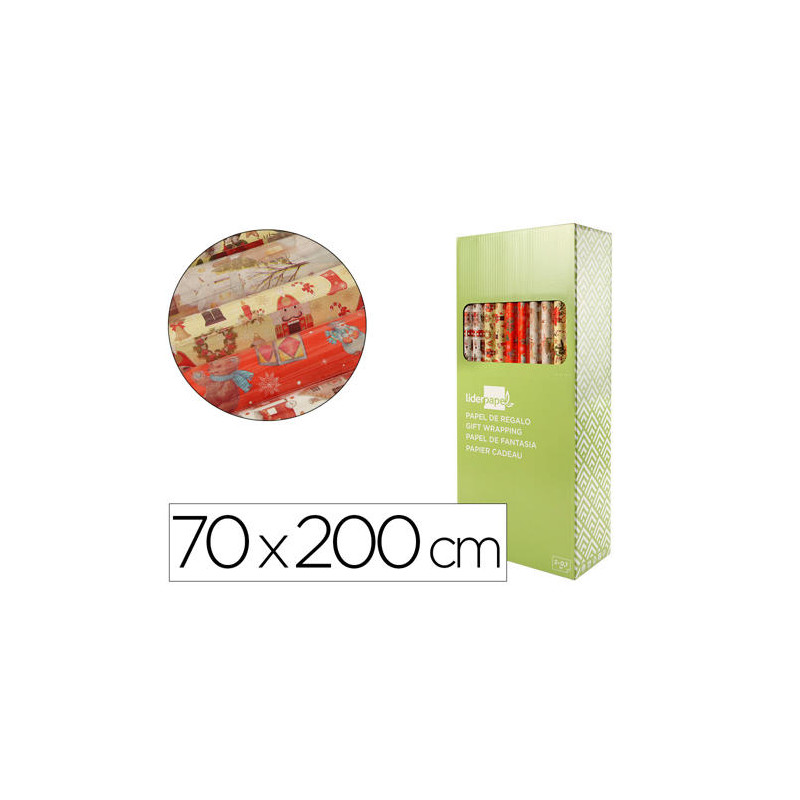 PAPEL DE REGALO LIDERPAPEL NAVIDAD ROLLO ANCHO 70 CM LONGITUD 2 MT GRAMAJE 60 GR DISEÑOS SURTIDOS