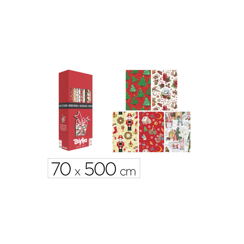 PAPEL DE REGALO BASIKA NAVIDAD ROLLO ANCHO 70 CM LONGITUD 5 M DISEÑOS SURTIDOS GRAMAJE 50 GR