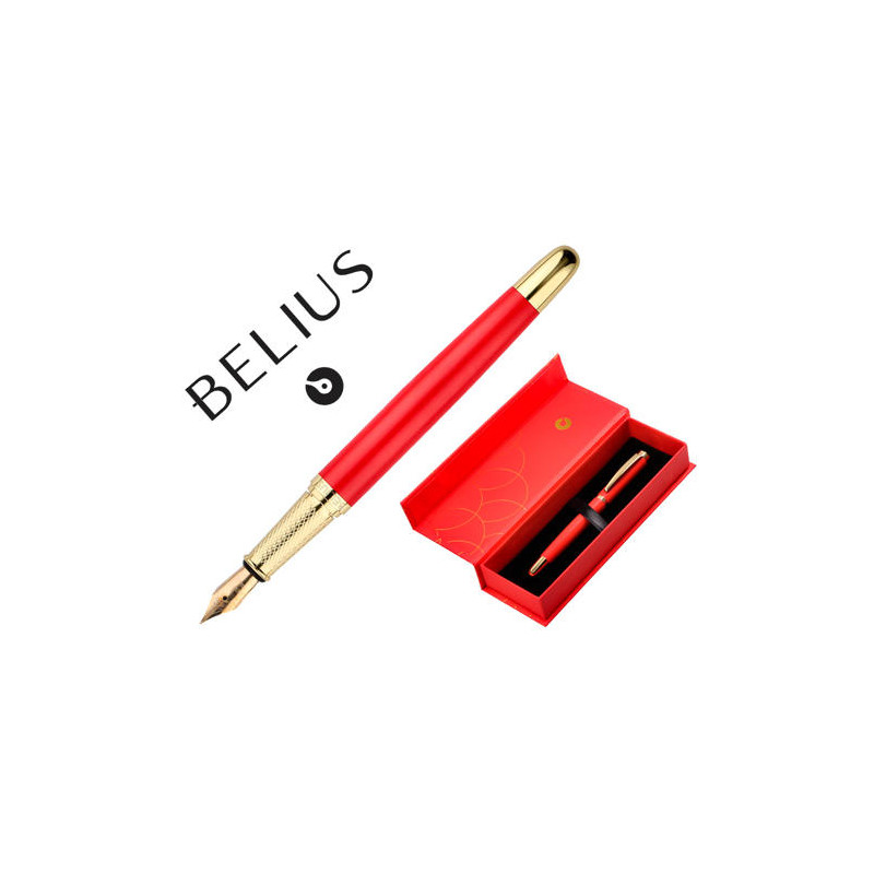PLUMA BELIUS PASSION DOR ALUMINIO TEXTURA CEPILLADA COLOR ROJO Y DORADO TINTA AZUL CAJA DE DISEÑO