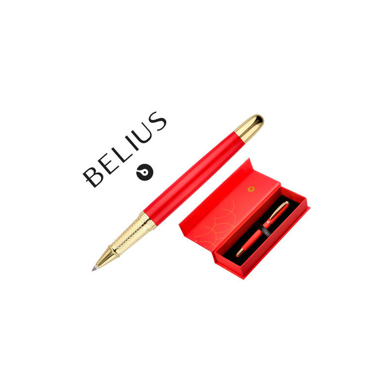 BOLIGRAFO BELIUS PASSION DOR ALUMINIO TEXTURA CEPILLADA COLOR ROJO Y DORADO TINTA AZUL CAJA DE DISÑO