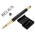 PLUMA Y ESTUCHE CUERO BELIUS PASSION DOR ALUMINIO TEXTURA CEPILLADA COLOR NEGRO Y DORADO TINTA AZUL 