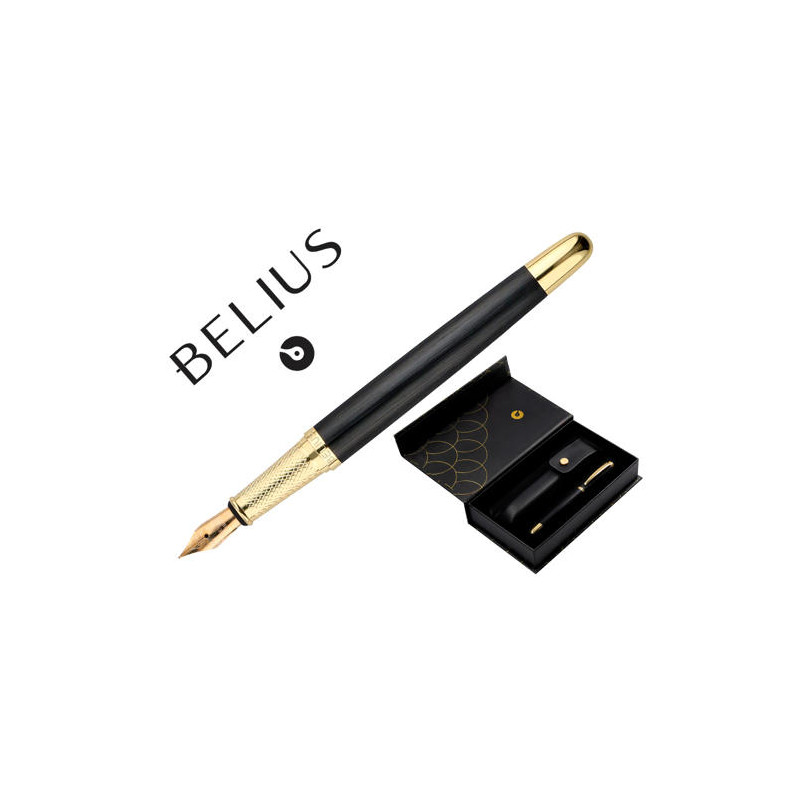 PLUMA Y ESTUCHE CUERO BELIUS PASSION DOR ALUMINIO TEXTURA CEPILLADA COLOR NEGRO Y DORADO TINTA AZUL 