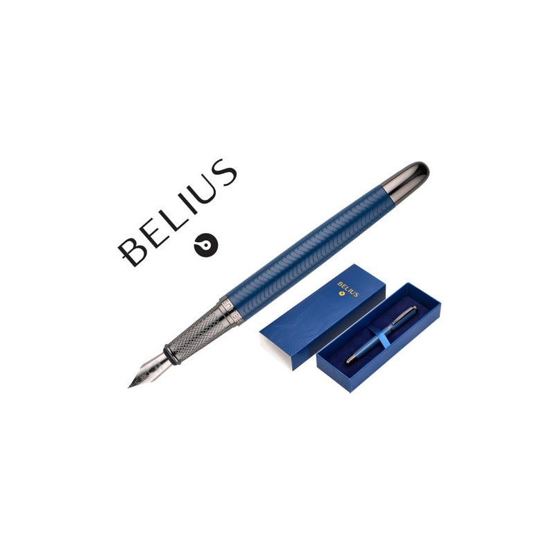 PLUMA BELIUS NEPTUNO ALUMINIO TEXTURA WAVY COLOR AZUL MARINO TINTA AZUL CAJA DE DISEÑO