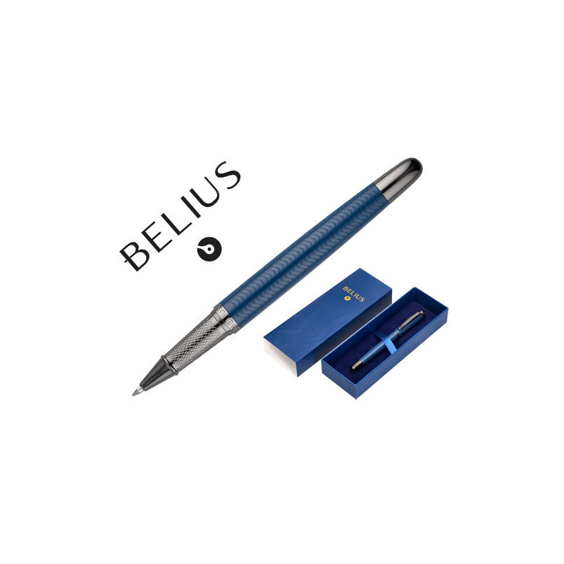 BOLIGRAFO BELIUS NEPTUNO ALUMINIO TEXTURA WAVY COLOR AZUL MARINO TINTA AZUL CAJA DE DISEÑO