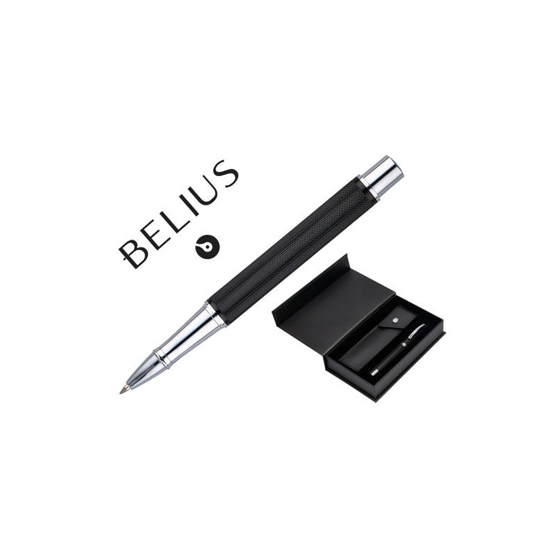 BOLIGRAFO Y ESTUCHE BELIUS TURBO ALUMINIO TEXTURA PUNTEADA NEGRO Y PLATEADO TINTA AZUL CAJA DE DISEÑ