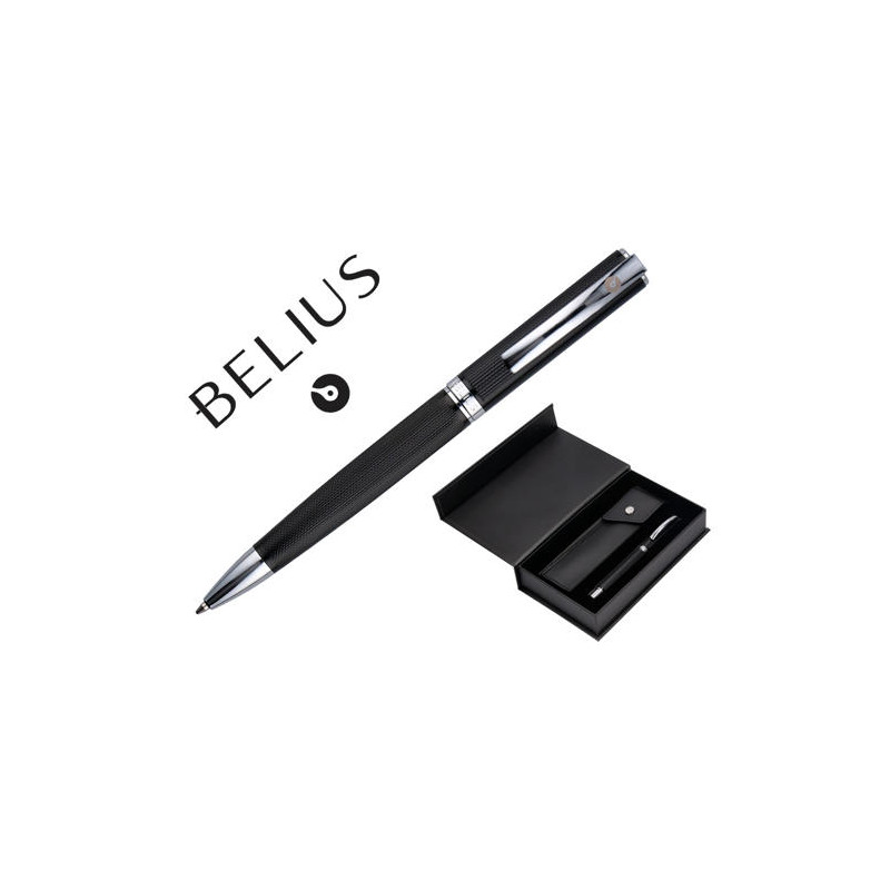 ROLLER Y ESTUCHE BELIUS TURBO ALUMINIO TEXTURA PUNTEADA NEGRO PLATEADO TINTA AZUL CAJA DE DISEÑO