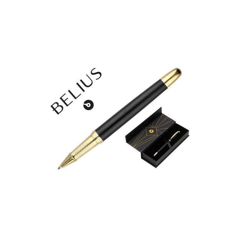 BOLIGRAFO BELIUS SOIREE ALUMINIO COLOR ART DECO NEGRO Y DORADO TINTA AZUL CAJA DE DISEÑO