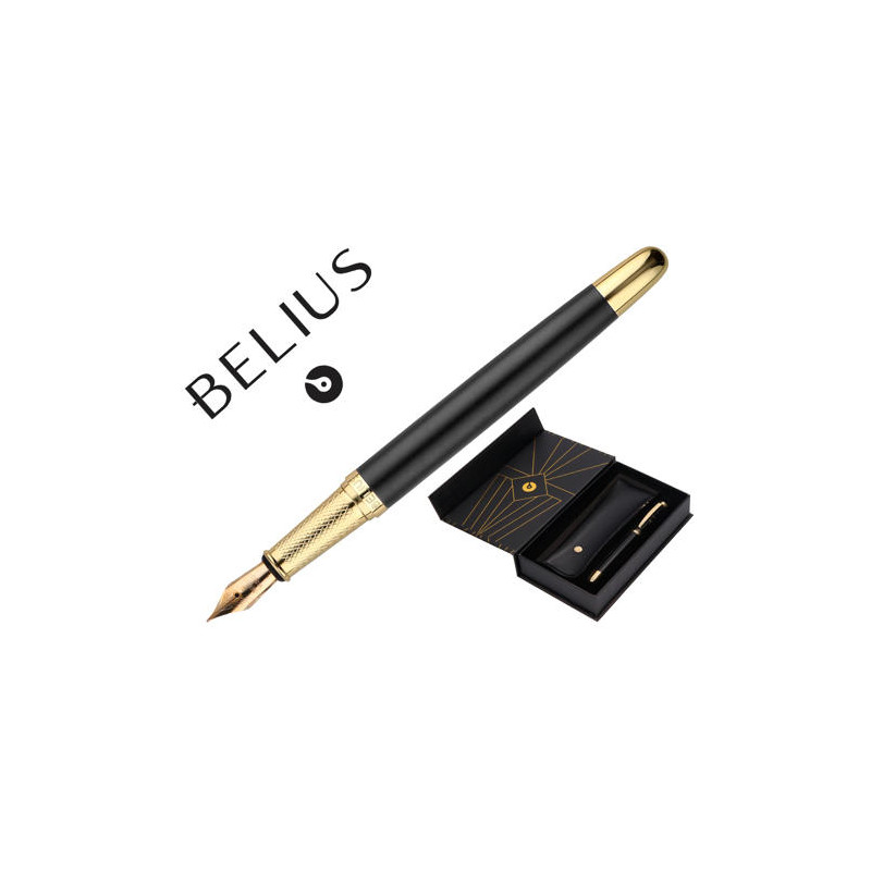 PLUMA Y ESTUCHE BELIUS SOIREE COLOR ART DECO NEGRO Y DORADO TINTA AZUL CAJA DE DISEÑO