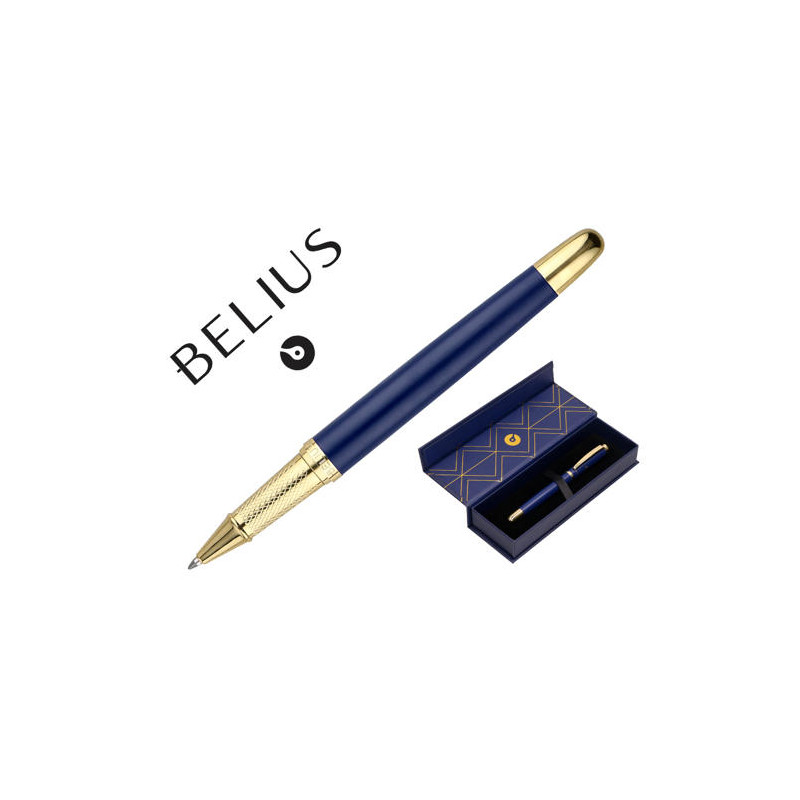 BOLIGRAFO BELIUS SOIREE ALUMINIO COLOR AZUL MARINO Y DORADO TINTA AZUL CAJA DE DISEÑO