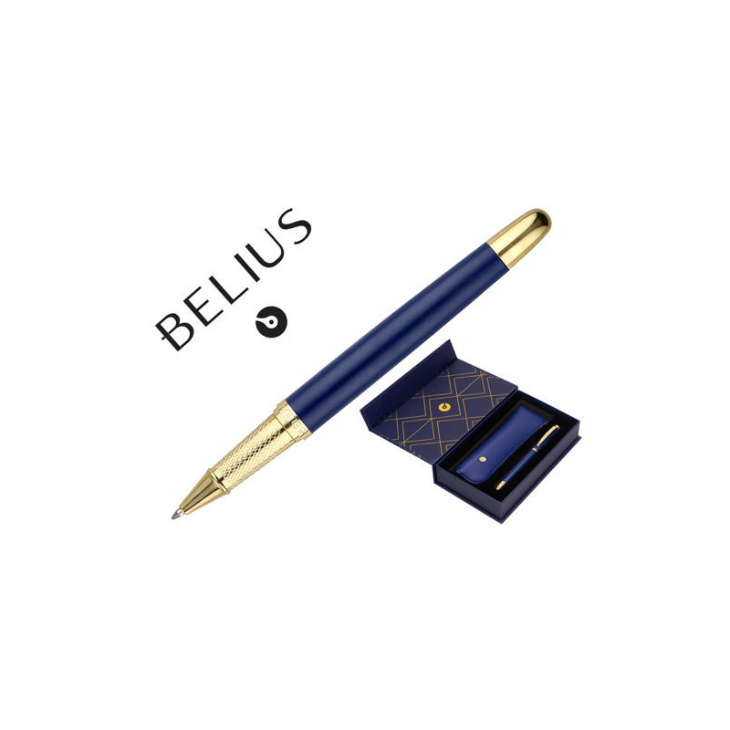 BOLIGRAFO Y ESTUCHE BELIUS SOIREE COLOR AZUL MARINO Y DORADO TINTA AZUL CAJA DE DISEÑO