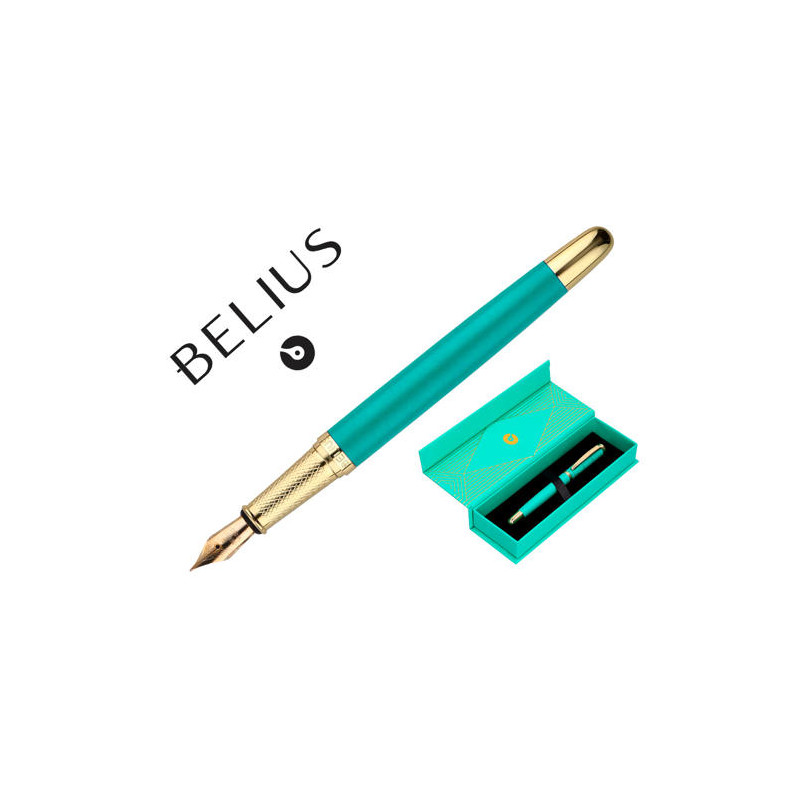 PLUMA BELIUS SOIREE ALUMINIO COLOR ART DECO TURQUESA Y DORADO TINTA AZUL CAJA DE DISEÑO