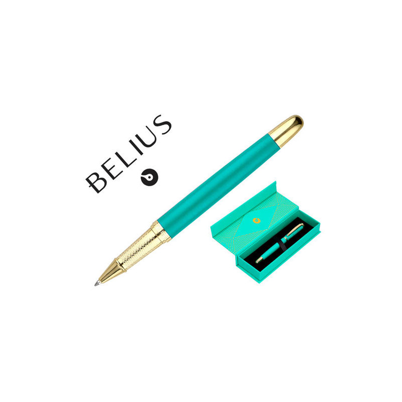 BOLIGRAFO BELIUS SOIREE ALUMINIO COLOR ART DECO TURQUESA Y DORADO TINTA AZUL CAJA DE DISEÑO