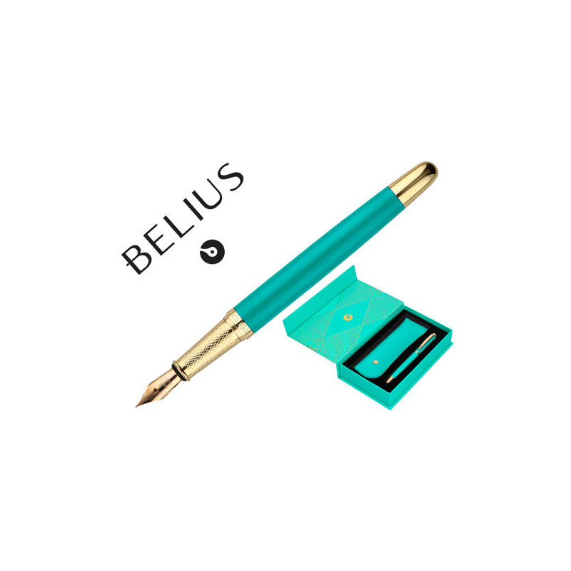 PLUMA Y ESTUCHE BELIUS SOIREE COLOR ART DECO TURQUESA DORADO TINTA AZUL CAJA DE DISEÑO