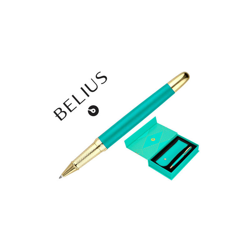 BOLIGRAFO Y ESTUCHE BELIUS SOIREE COLOR ART DECO TURQUESA Y DORADO TINTA AZUL CAJA DE DISEÑO