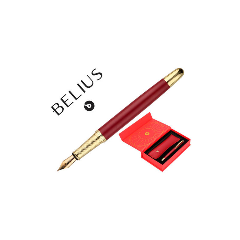 PLUMA Y ESTUCHE BELIUS SOIREE COLOR ART DECO GRANATE Y DORADO TINTA AZUL CAJA DE DISEÑO