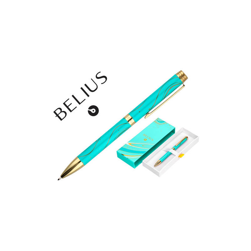 ROLLER BELIUS AQUA ALUMINIO COLOR TURQUESA Y DORADO TINTA NEGRA CAJA DE DISEÑO