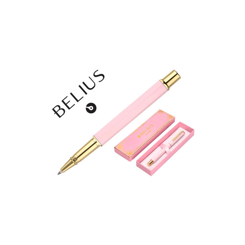 BOLIGRAFO BELIUS MACARON BLISS FORMA HEXAGONAL COLOR ROSA Y DORADO TINTA AZUL CAJA DE DISEÑO