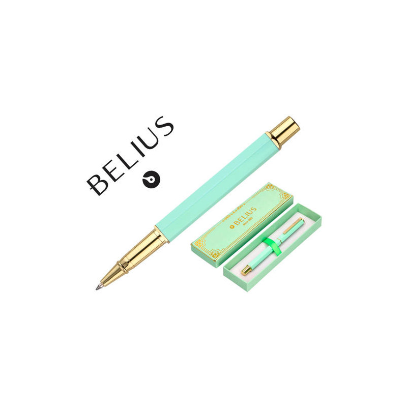 BOLIGRAFO BELIUS MACARON BLISS FORMA HEXAGONAL COLOR VERDE DORADO TINTA AZUL CAJA DE DISEÑO