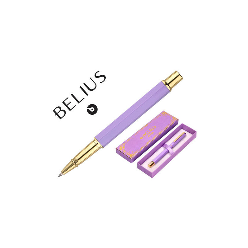 BOLIGRAFO BELIUS MACARON BLISS FORMA HEXAGONAL COLOR MORADO Y DORADO TINTA AZUL CAJA DE DISEÑO