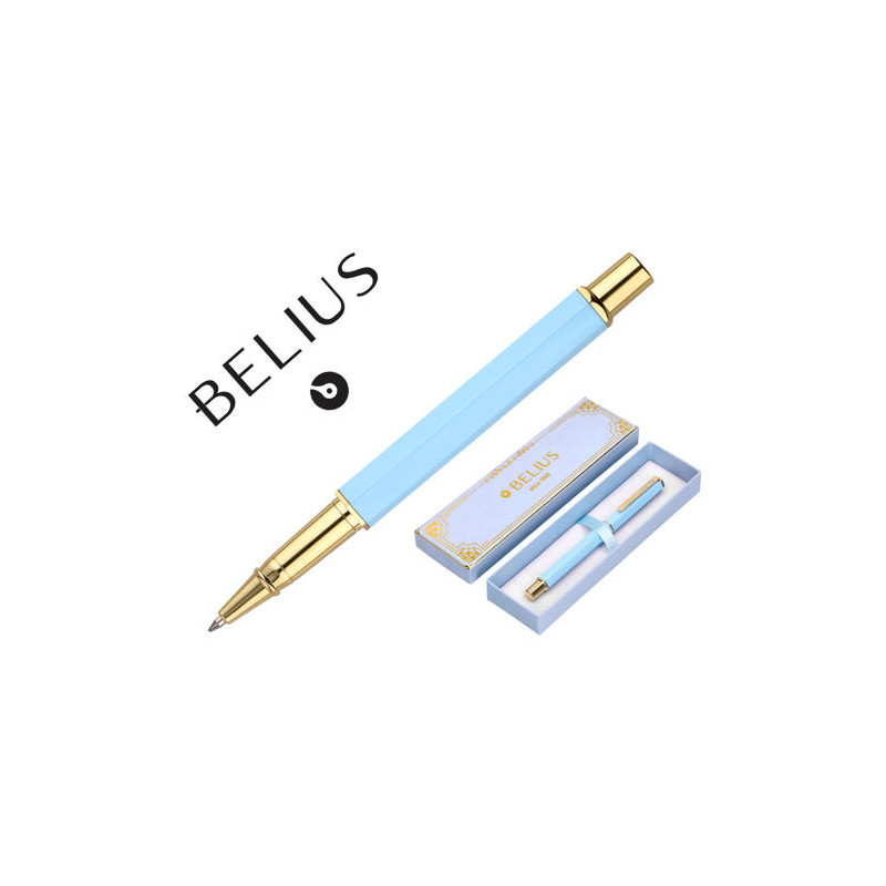  BOLIGRAFO BELIUS MACARON BLISS FORMA HEXAGONAL COLOR CELESTE Y DORADO TINTA AZUL CAJA DE DISEÑO