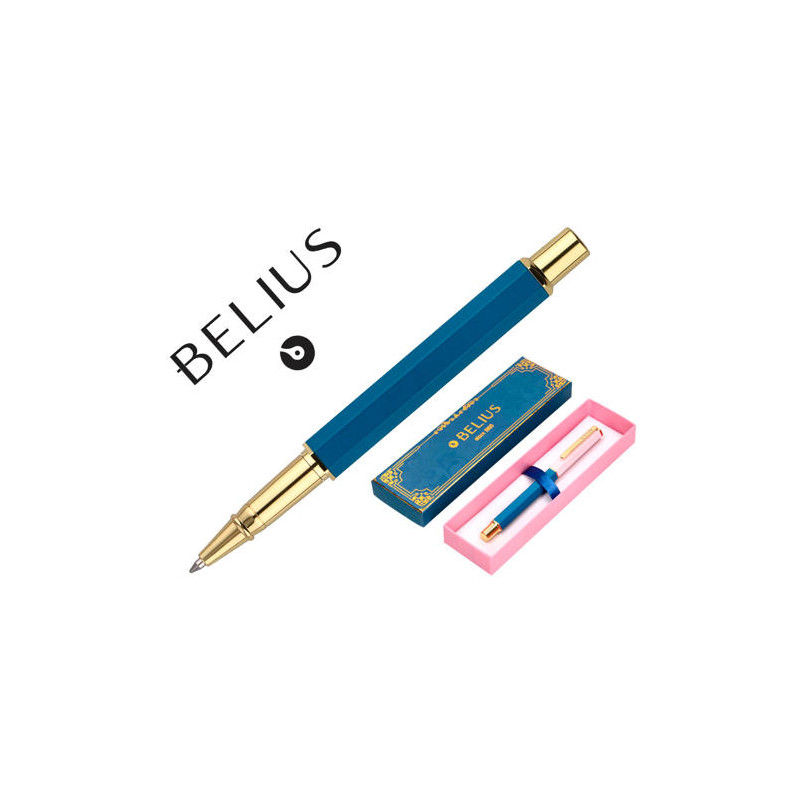 BOLIGRAFO BELIUS MACARON BLISS FORMA HEXAGONAL COLOR ROSA/ AZUL Y DORADO TINTA AZUL CAJA DE DISEÑO