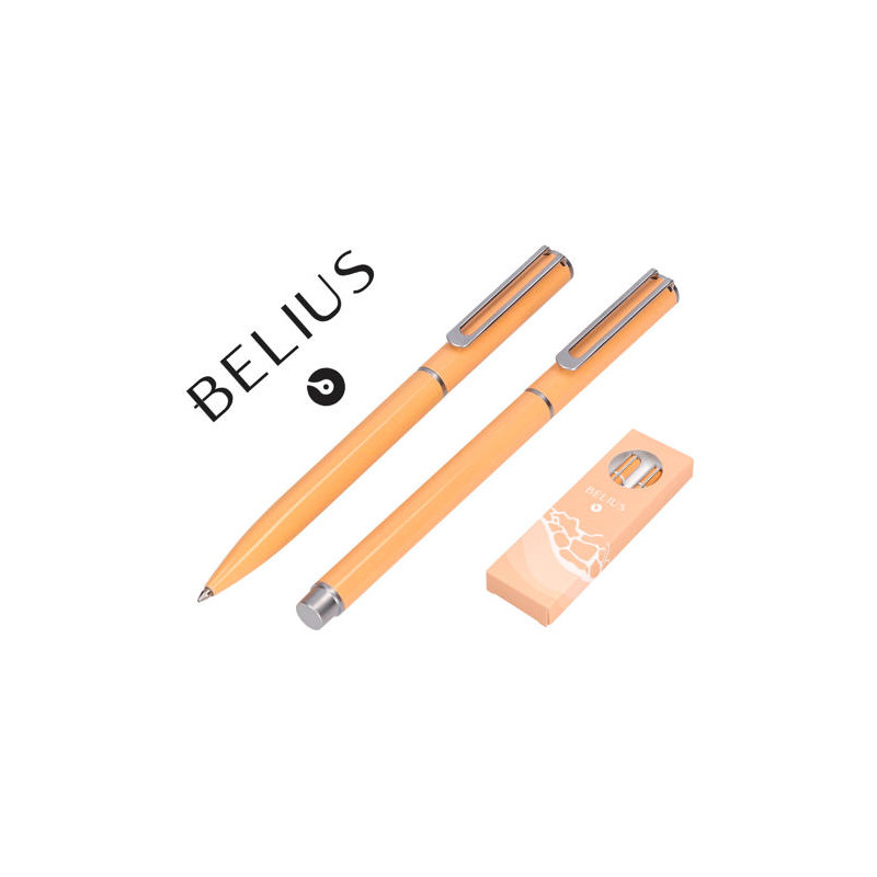 JUEGO BOLIGRAFO Y ROLLER BELIUS ENDLESS SUMMER ALUMINIO COLOR NARANJA Y PLATEADO TINTA AZUL CAJA DE 
