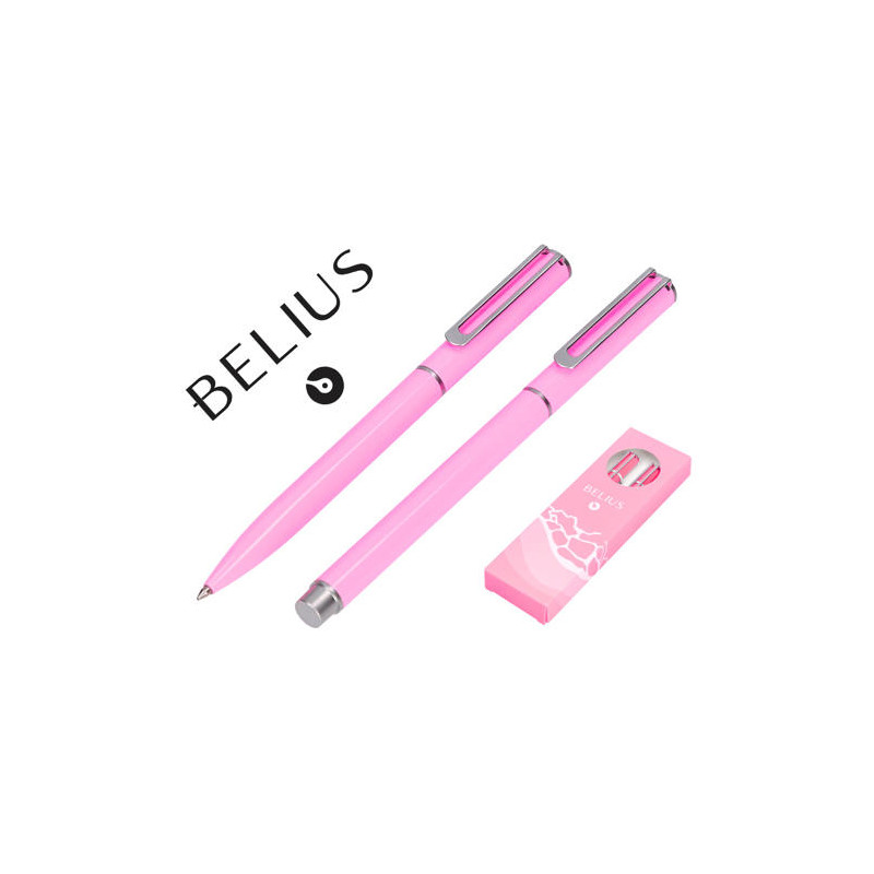 JUEGO BOLIGRAFO Y ROLLER BELIUS ENDLESS SUMMER ALUMINIO COLOR ROSA Y PLATEADO TINTA AZUL CAJA DE DIS