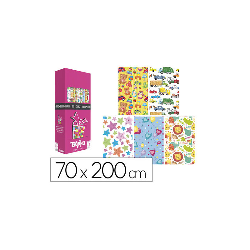 PAPEL DE REGALO BASIKA INFANTIL ROLLO ANCHO 70 CM LONGITUD 2 M DISEÑOS SURTIDOS GRAMAJE 60 GR