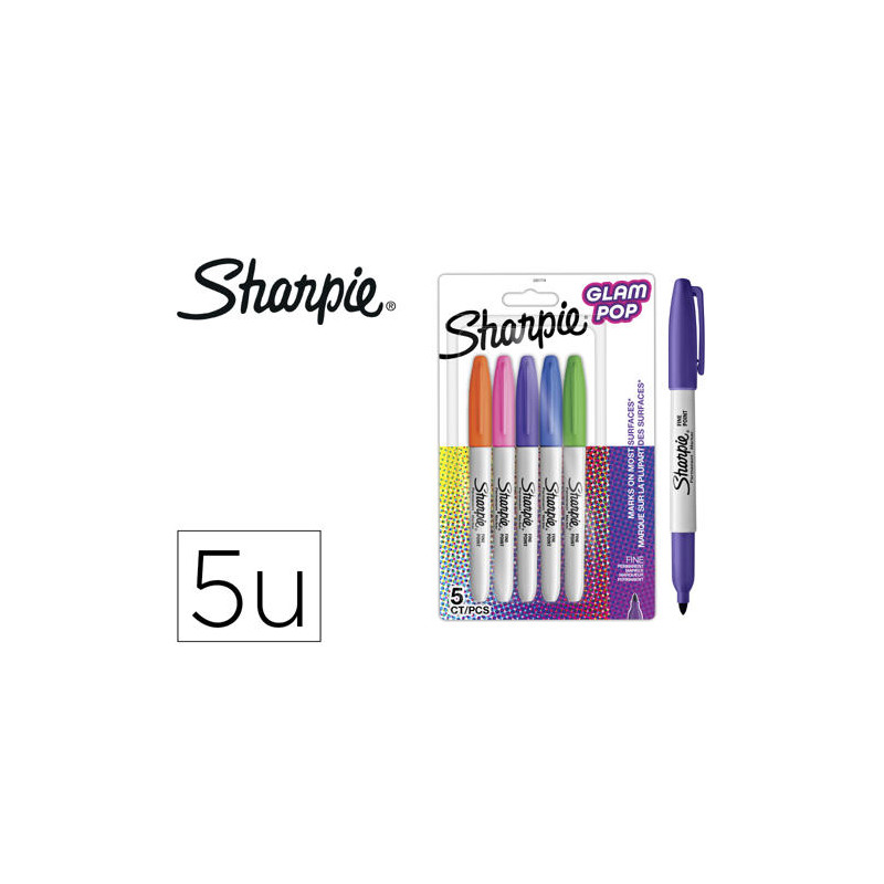 ROTULADOR SHARPIE PERMANENTE FINO GLAM POP BLISTER DE 5 UNIDADES COLORES SURTIDOS