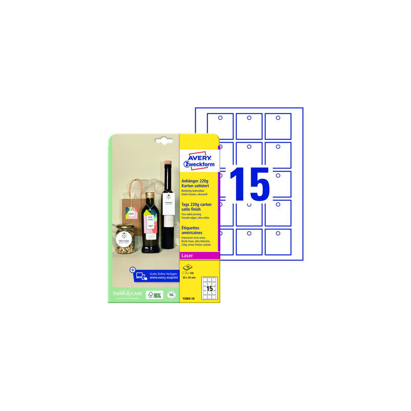 ETIQUETA COLGANTE AVERY BLANCA 50X50 MM IMPRIMIBLE DOBLE CARA CARTON 220 GR PACK DE 150 UNIDADES