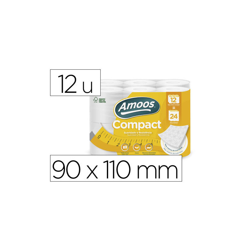 PAPEL HIGIENICO AMOOS 2 CAPAS 110 MM DIAMETRO X 90 MM ALTO 30 GR/M2 PAQUETE DE 12 ROLLOS