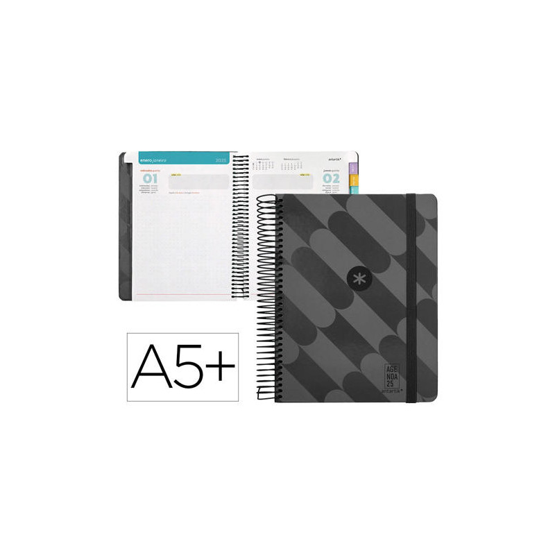 AGENDA ESPIRAL ANTARTIK PATTERN A5+ 2025 DIA PAGINA COLOR NEGRO PAPEL 80 GR