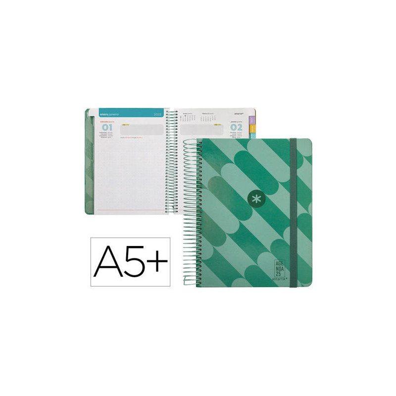 AGENDA ESPIRAL ANTARTIK PATTERN A5+ 2025 DIA PAGINA COLOR VERDE PAPEL 80 GR