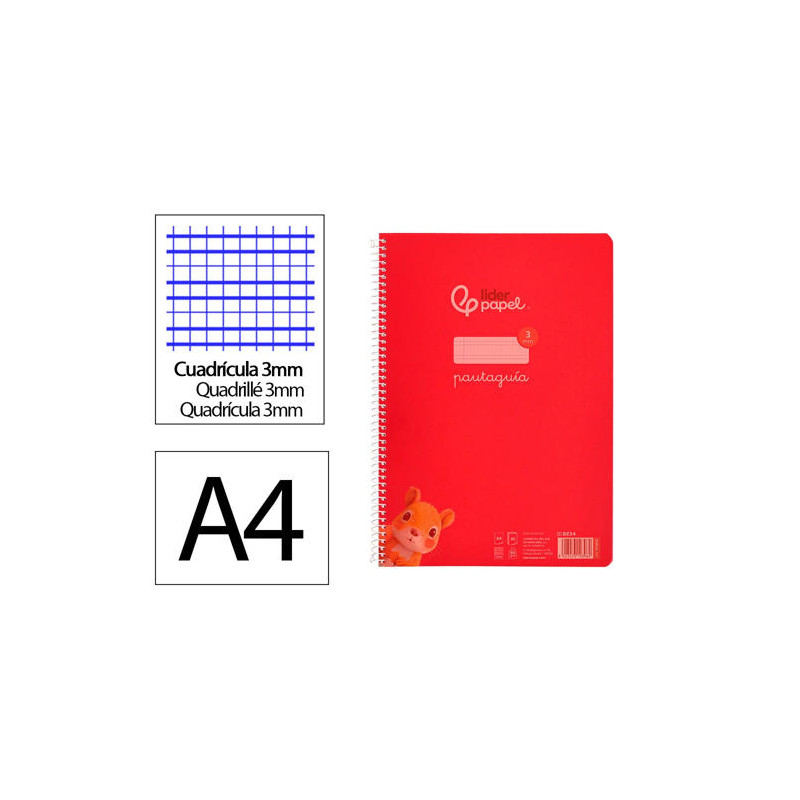 CUADERNO ESPIRAL LIDERPAPEL DIN A4 PAUTAGUIA TAPA PLASTICO80H 90GR CUADRO PAUTADO 3MM CON MARGEN COL