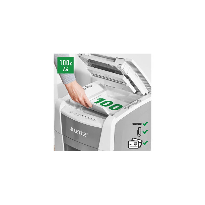 DESTRUCTORA DE DOCUMENTOS LEITZ IQ AUTO+ 100 CAPACIDAD DE CORTE 100 HOJAS DESTRUYE GRAPAS Y CLIPS