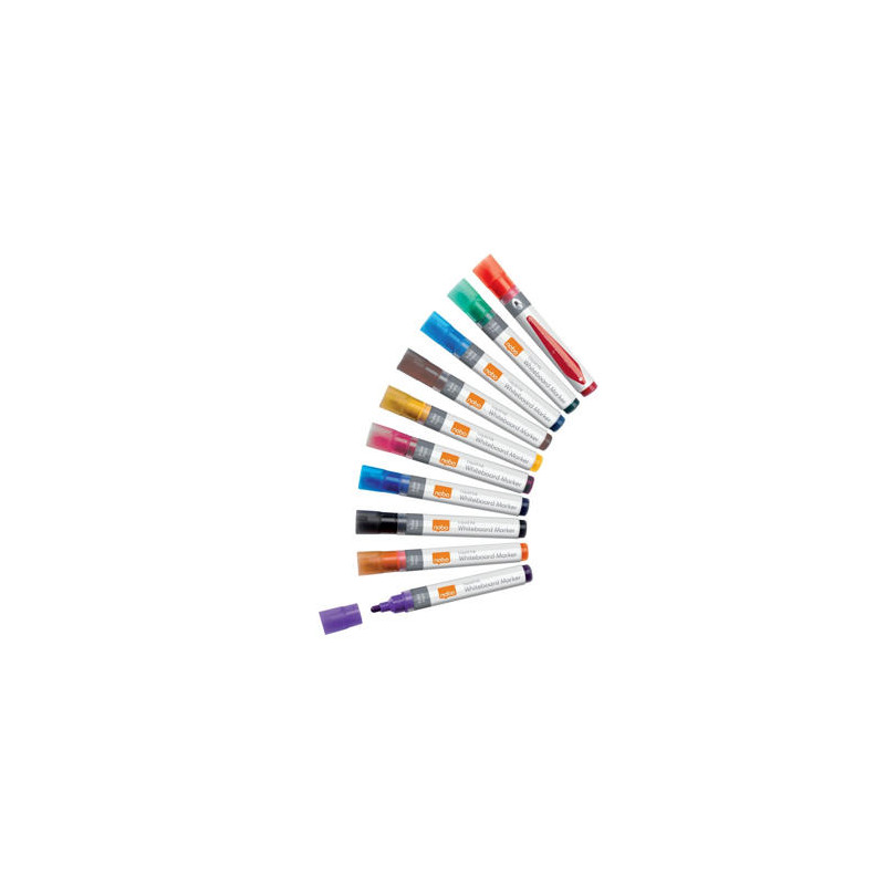 ROTULADOR NOBO PARA PIZARRA BLANCA TINTA LIQUIDA PUNTA CONICA 3 MM COLORES SURTIDOS CAJA DE 10 UNIDA