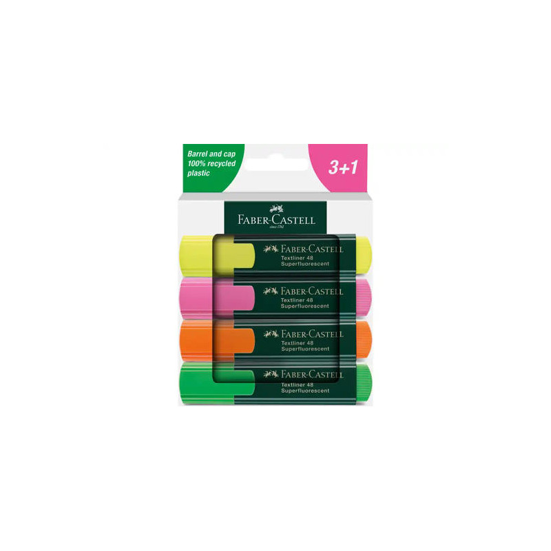 ROTULADOR FABER CASTELL NEON TXTLNR FLUORESCENTE CAJA DE 3 + 1 UNIDAD GRATIS COLORES SURTIDOS
