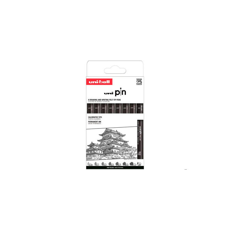 ROTULADOR UNIBALL PIN CALIBRADO MICROMETRICO CLASICO I COLOR NEGRO BLISTER DE 8 UNIDADES
