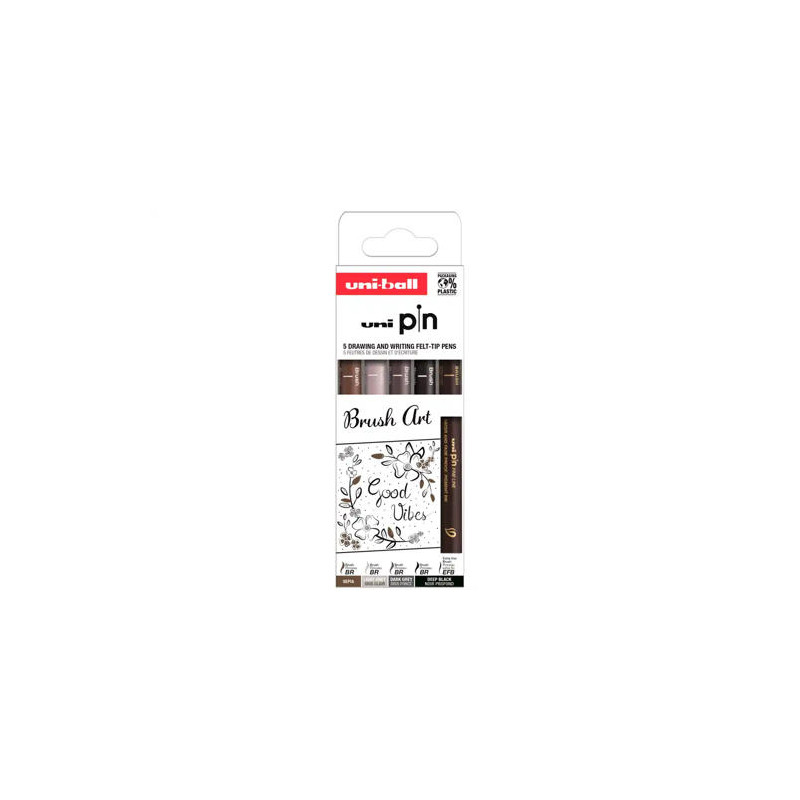 ROTULADOR UNIBALL PIN PUNTA PINCEL FLEXIBLE BLISTER DE 5 UNIDADES COLORES SURTIDOS