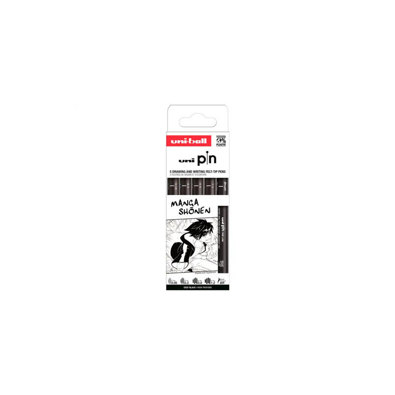ROTULADOR UNIBALL PIN MANGA SHONEN COLOR NEGRO BLISTER DE 5 UNIDADES