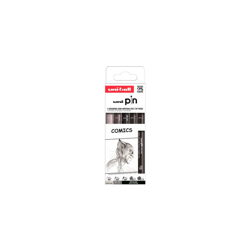 ROTULADOR UNIBALL PIN COMICS BLISTER DE 5 UNIDADES COLORES SURTIDOS