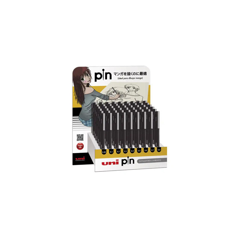 EXPOSITOR ROTULADOR UNIBALL PIN CALIBRADO MICROMETRICO COLOR NEGRO EXPOSITOR DE 54 UNIDADES SURTIDAS