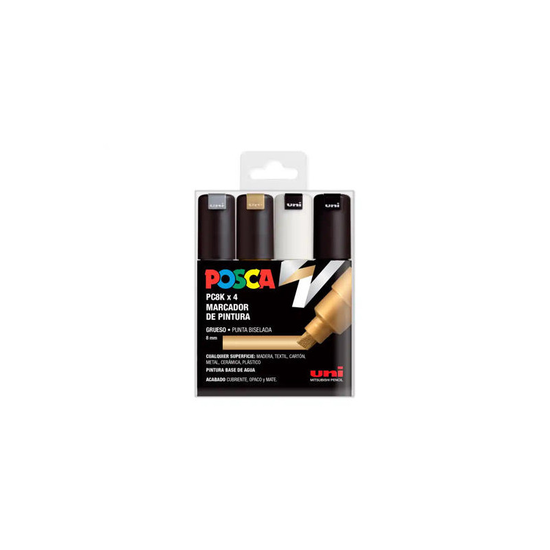 ROTULADOR UNI POSCA PC-8K/4C MARCADOR DE PINTURA PUNTA BISELADA 8 MM BLISTER DE 4 UNIDADES COLORES S