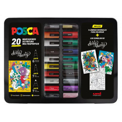 ROTULADOR UNI POSCA DIRTY HARRY MARCADOR DE PINTURA PUNTA CONICA MALETIN METALICO DE 20 UNIDADES COL
