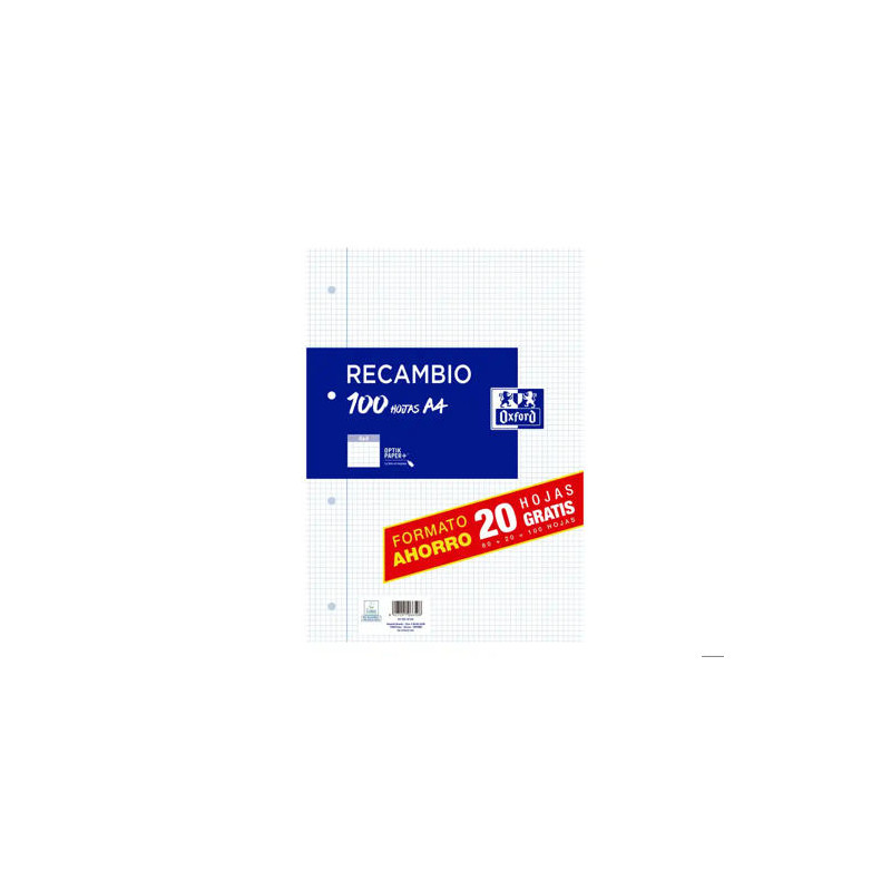 RECAMBIO OXFORD DIN A4 80+20 HOJAS GRATIS 90 GR CUADRO 4 MM 4 TALADROS