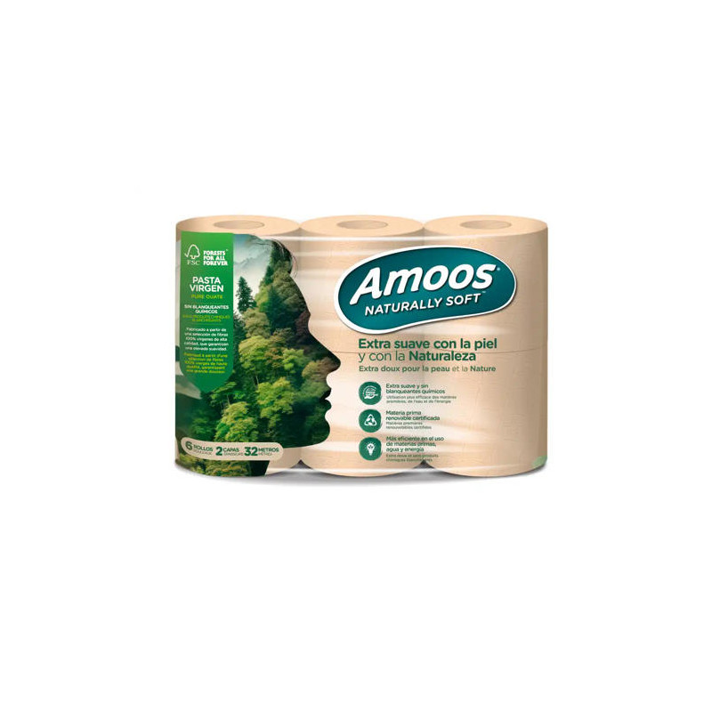 PAPEL HIGIENICO AMOOS NATURALLY SOFT 2 CAPAS PASTA CRUDA PAQUETE DE 6 ROLLOS 32 M