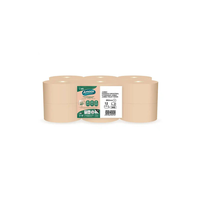 PAPEL HIGIENICO AMOOS NATURALLY JUMBO PROFESSIONAL 2 CAPAS PASTA CRUDA PAQUETE DE 6 ROLLOS 120 M