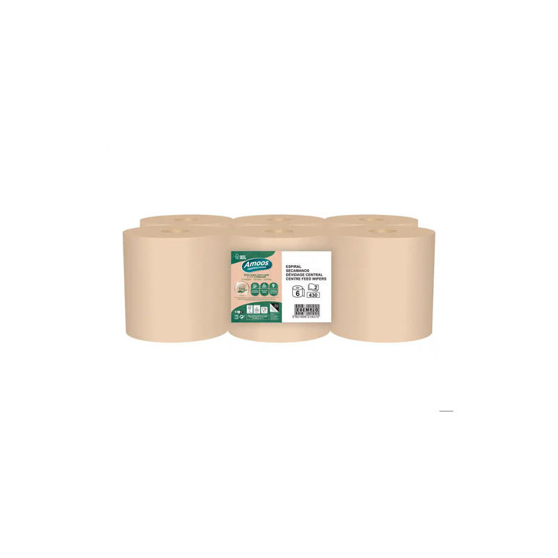 PAPEL SECAMANOS AMOOS NATURALLY SOFT 2 CAPAS PASTA CRUDA PAQUETE DE 6 ROLLOS 125 M