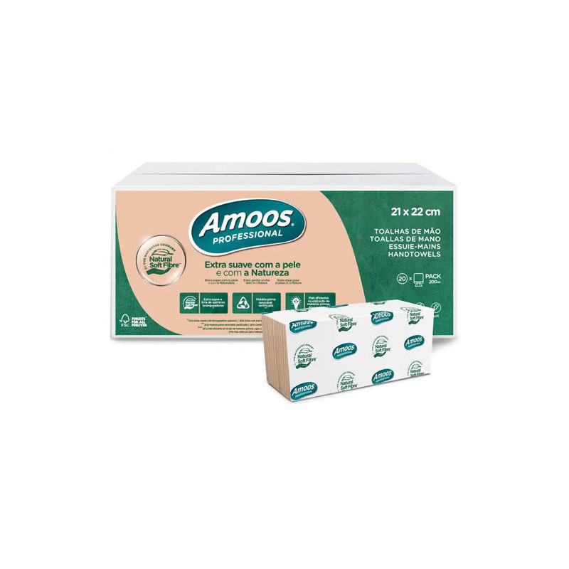 TOALLA SECAMANOS AMOOS PROFESSIONAL NATURALLY SOFT 2 CAPAS PASTA CRUDA 21X220 CM PAQUETE DE 200 UNID